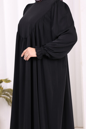 Kol Manşetleri Büzgülü Elbise 6004 Siyah - 6