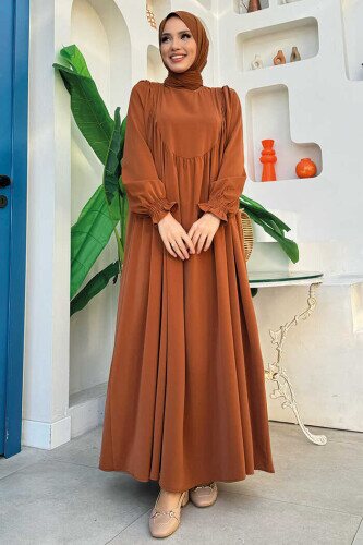 Kol Manşetleri Büzgülü Elbise 6004 Taba - Bym Fashion
