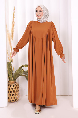 Kol Manşetleri Büzgülü Elbise 6004 Taba - Bym Fashion