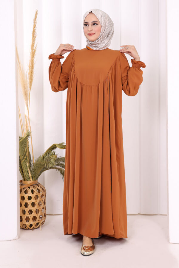 Kol Manşetleri Büzgülü Elbise 6004 Taba - 2