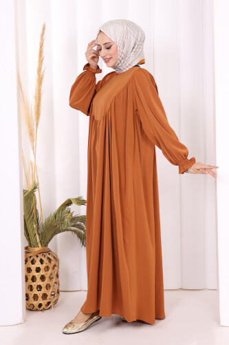 Kol Manşetleri Büzgülü Elbise 6004 Taba - 3