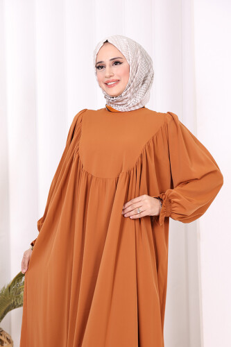 Kol Manşetleri Büzgülü Elbise 6004 Taba - 5