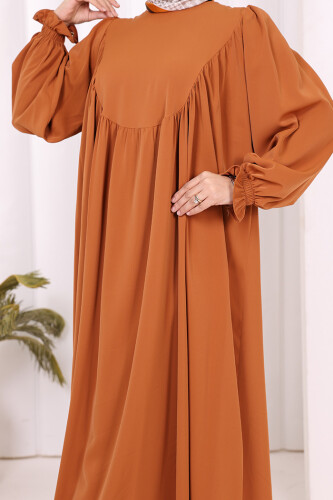 Kol Manşetleri Büzgülü Elbise 6004 Taba - 6