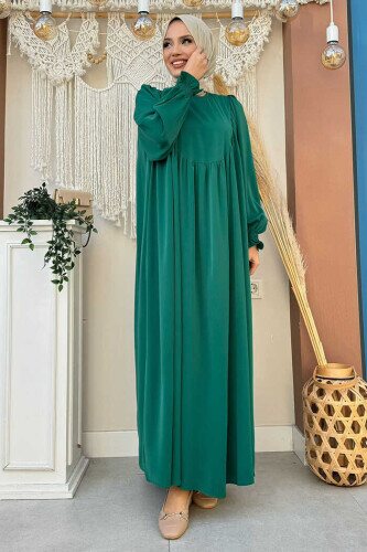 Kol Manşetleri Büzgülü Elbise 6004 Zümrüt - Bym Fashion