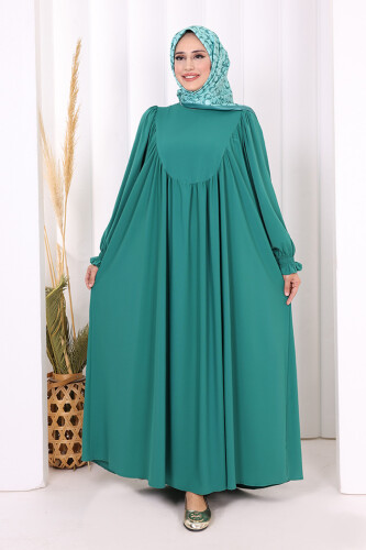 Kol Manşetleri Büzgülü Elbise 6004 Zümrüt - Bym Fashion