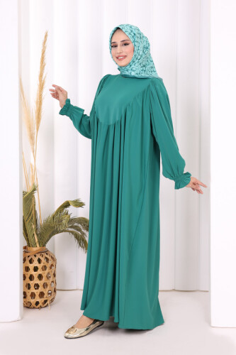 Kol Manşetleri Büzgülü Elbise 6004 Zümrüt - 2