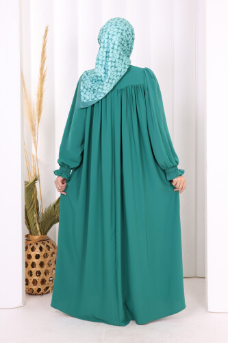 Kol Manşetleri Büzgülü Elbise 6004 Zümrüt - 3