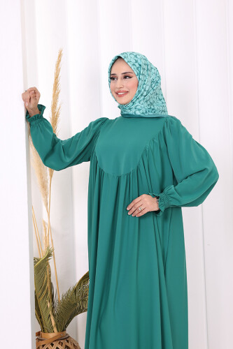 Kol Manşetleri Büzgülü Elbise 6004 Zümrüt - 4