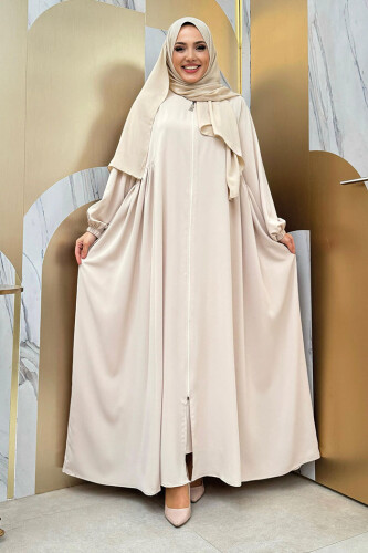 Oval Büzgülü Kol Manşetleri Lastikli Fermuarlı Tam Boy Ferace 6005 Bej - Bym Fashion