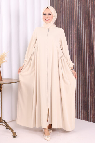 Oval Büzgülü Kol Manşetleri Lastikli Fermuarlı Tam Boy Ferace 6005 Bej - Bym Fashion