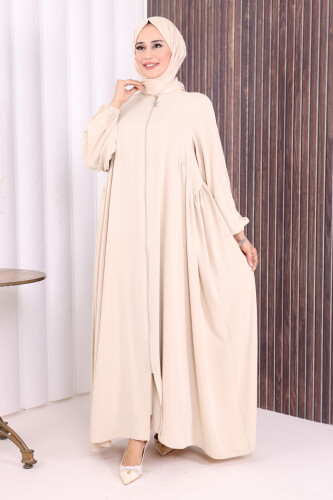 Oval Büzgülü Kol Manşetleri Lastikli Fermuarlı Tam Boy Ferace 6005 Bej - 2