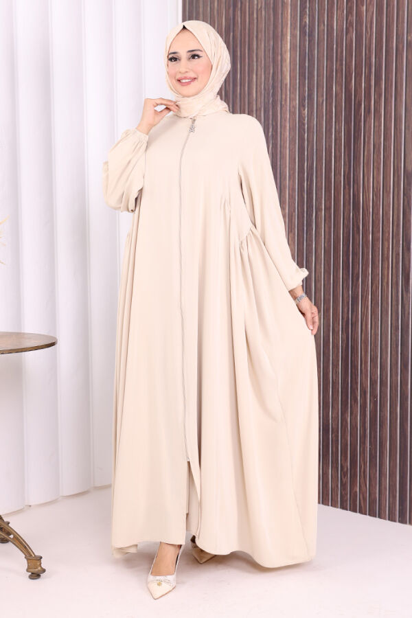 Oval Büzgülü Kol Manşetleri Lastikli Fermuarlı Tam Boy Ferace 6005 Bej - 2