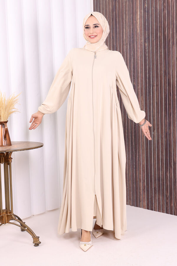 Oval Büzgülü Kol Manşetleri Lastikli Fermuarlı Tam Boy Ferace 6005 Bej - 3