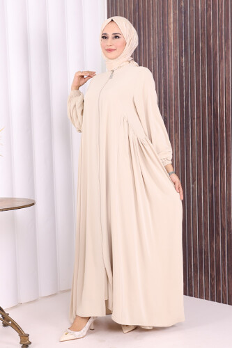 Oval Büzgülü Kol Manşetleri Lastikli Fermuarlı Tam Boy Ferace 6005 Bej - 4