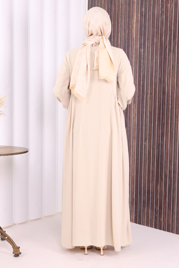 Oval Büzgülü Kol Manşetleri Lastikli Fermuarlı Tam Boy Ferace 6005 Bej - 5