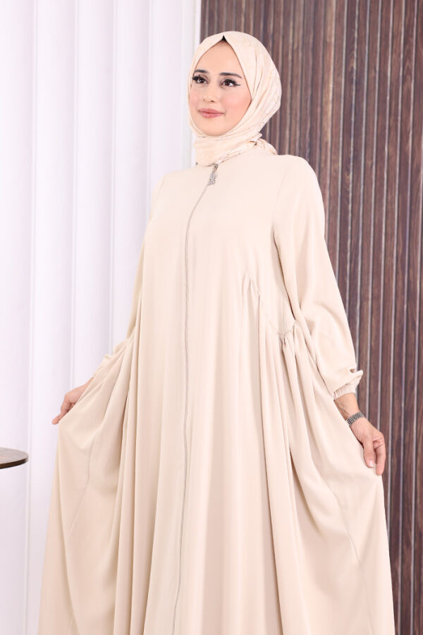 Oval Büzgülü Kol Manşetleri Lastikli Fermuarlı Tam Boy Ferace 6005 Bej - 6