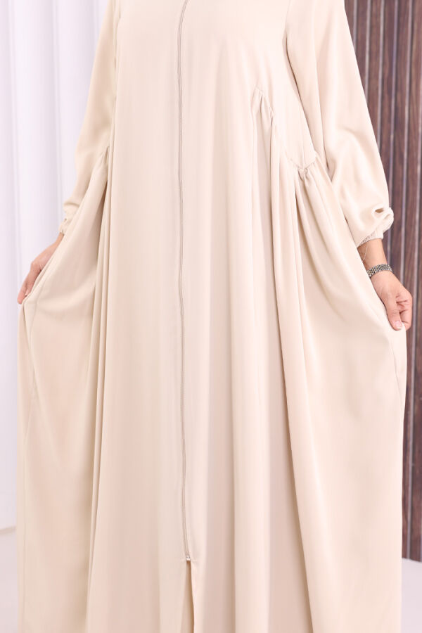 Oval Büzgülü Kol Manşetleri Lastikli Fermuarlı Tam Boy Ferace 6005 Bej - 7