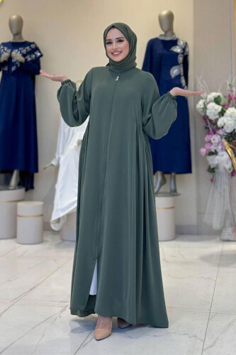 Oval Büzgülü Kol Manşetleri Lastikli Fermuarlı Tam Boy Ferace 6005 Haki - Bym Fashion