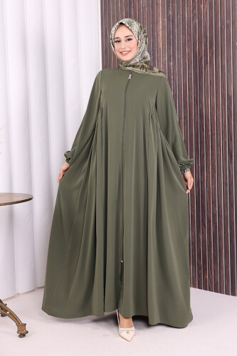 Oval Büzgülü Kol Manşetleri Lastikli Fermuarlı Tam Boy Ferace 6005 Haki - 2