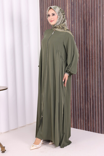 Oval Büzgülü Kol Manşetleri Lastikli Fermuarlı Tam Boy Ferace 6005 Haki - 3