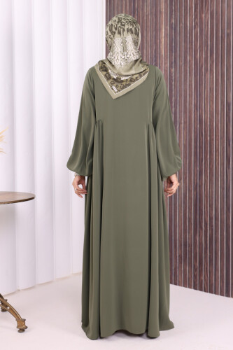 Oval Büzgülü Kol Manşetleri Lastikli Fermuarlı Tam Boy Ferace 6005 Haki - 5