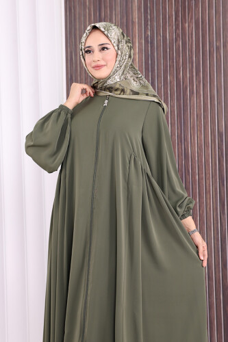 Oval Büzgülü Kol Manşetleri Lastikli Fermuarlı Tam Boy Ferace 6005 Haki - 6