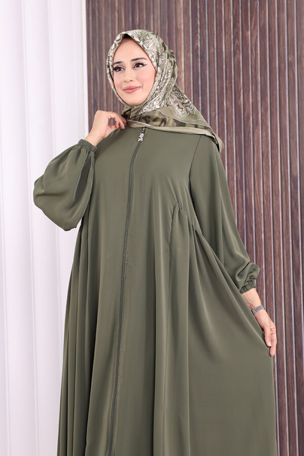 Oval Büzgülü Kol Manşetleri Lastikli Fermuarlı Tam Boy Ferace 6005 Haki - 6