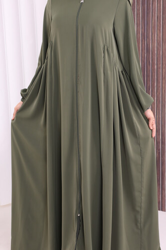 Oval Büzgülü Kol Manşetleri Lastikli Fermuarlı Tam Boy Ferace 6005 Haki - 7