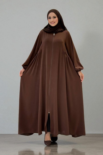 Oval Büzgülü Kol Manşetleri Lastikli Fermuarlı Tam Boy Ferace 6005 Kahverengi - Bym Fashion