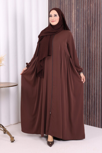 Oval Büzgülü Kol Manşetleri Lastikli Fermuarlı Tam Boy Ferace 6005 Kahverengi 
