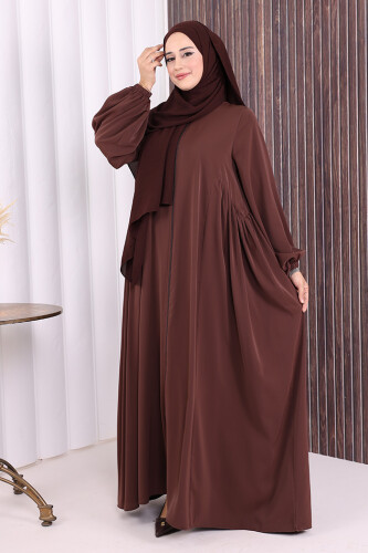 Oval Büzgülü Kol Manşetleri Lastikli Fermuarlı Tam Boy Ferace 6005 Kahverengi - 2