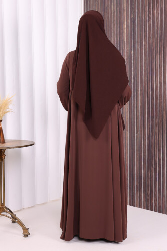 Oval Büzgülü Kol Manşetleri Lastikli Fermuarlı Tam Boy Ferace 6005 Kahverengi - 4