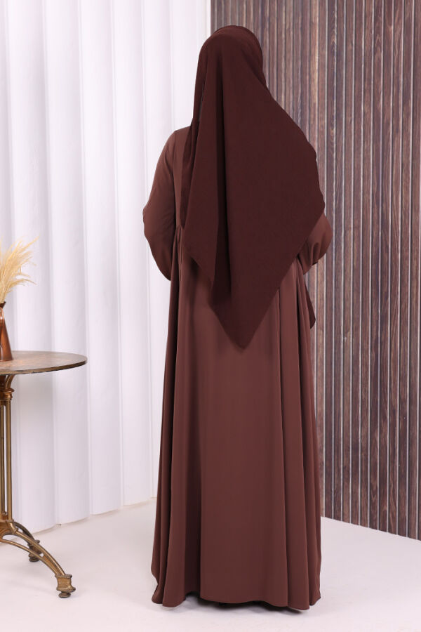 Oval Büzgülü Kol Manşetleri Lastikli Fermuarlı Tam Boy Ferace 6005 Kahverengi - 4