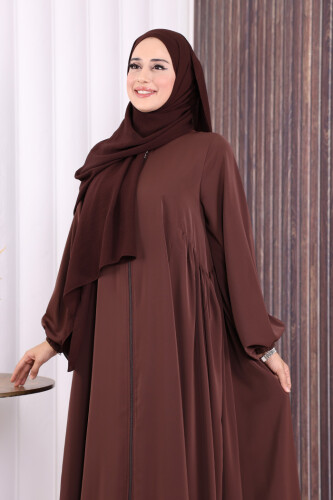 Oval Büzgülü Kol Manşetleri Lastikli Fermuarlı Tam Boy Ferace 6005 Kahverengi - 5