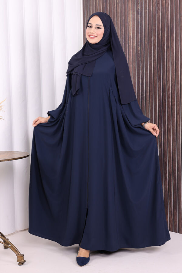 Oval Büzgülü Kol Manşetleri Lastikli Fermuarlı Tam Boy Ferace 6005 Lacivert - 1