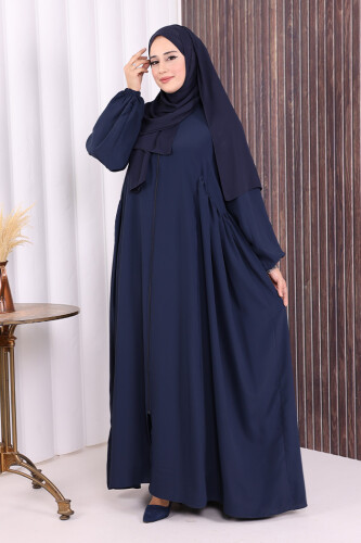 Oval Büzgülü Kol Manşetleri Lastikli Fermuarlı Tam Boy Ferace 6005 Lacivert - 2