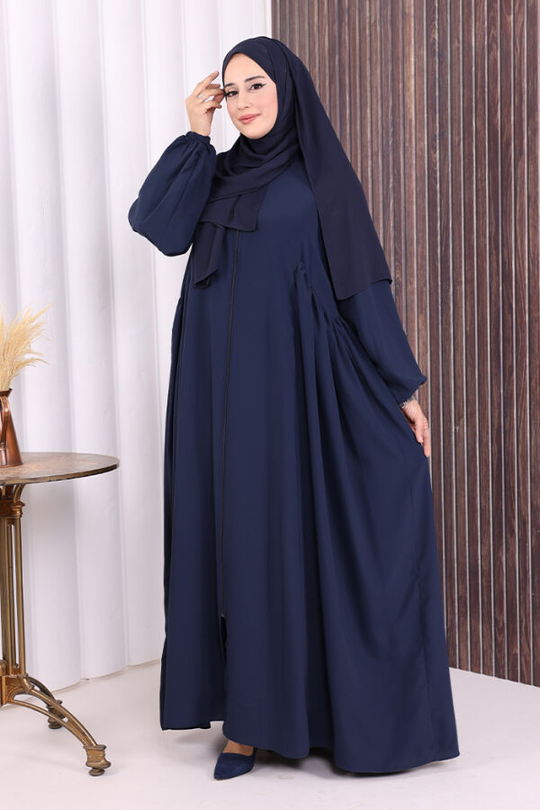 Oval Büzgülü Kol Manşetleri Lastikli Fermuarlı Tam Boy Ferace 6005 Lacivert - 2