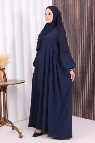 Oval Büzgülü Kol Manşetleri Lastikli Fermuarlı Tam Boy Ferace 6005 Lacivert - 3