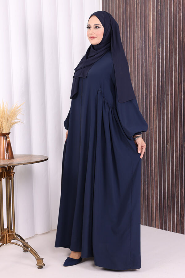 Oval Büzgülü Kol Manşetleri Lastikli Fermuarlı Tam Boy Ferace 6005 Lacivert - 3