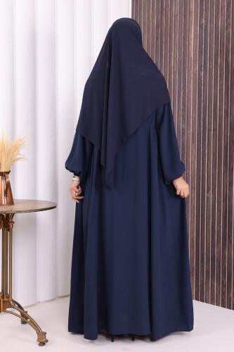 Oval Büzgülü Kol Manşetleri Lastikli Fermuarlı Tam Boy Ferace 6005 Lacivert - 4