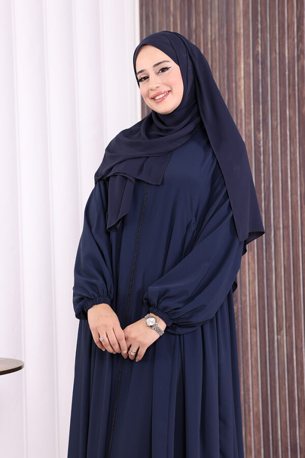 Oval Büzgülü Kol Manşetleri Lastikli Fermuarlı Tam Boy Ferace 6005 Lacivert - 5