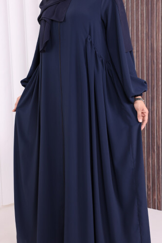 Oval Büzgülü Kol Manşetleri Lastikli Fermuarlı Tam Boy Ferace 6005 Lacivert - 6