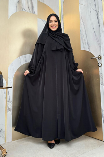 Oval Büzgülü Kol Manşetleri Lastikli Fermuarlı Tam Boy Ferace 6005 Siyah - Bym Fashion