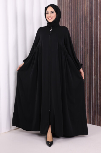 Oval Büzgülü Kol Manşetleri Lastikli Fermuarlı Tam Boy Ferace 6005 Siyah 
