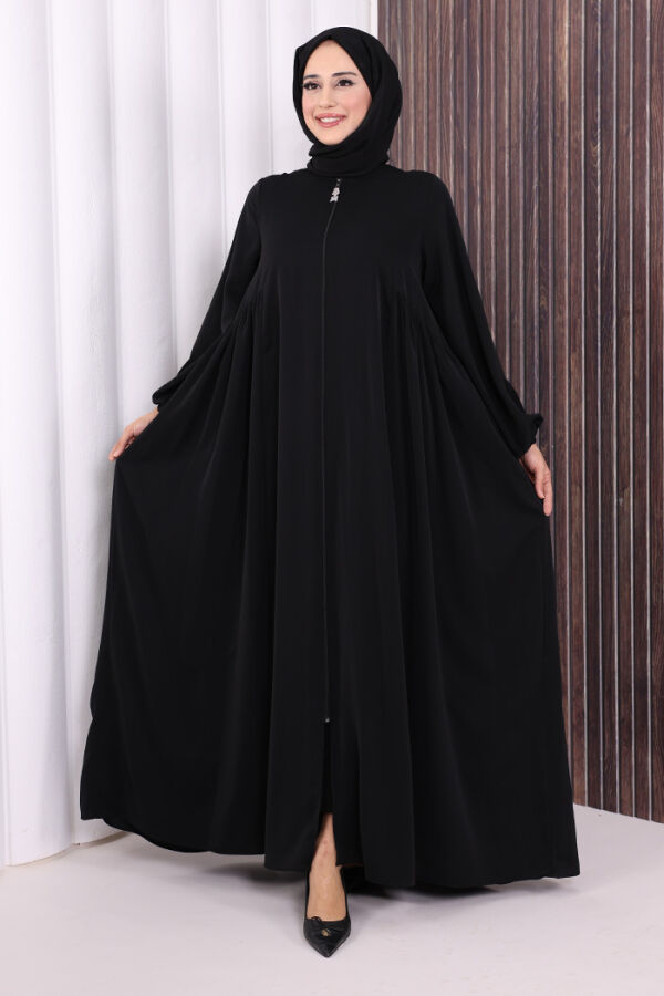 Oval Büzgülü Kol Manşetleri Lastikli Fermuarlı Tam Boy Ferace 6005 Siyah - 1