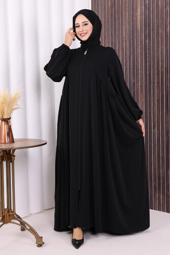 Oval Büzgülü Kol Manşetleri Lastikli Fermuarlı Tam Boy Ferace 6005 Siyah - 2