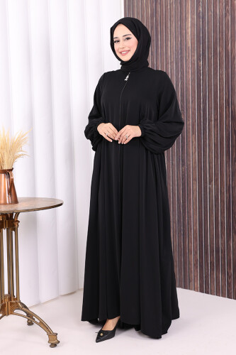 Oval Büzgülü Kol Manşetleri Lastikli Fermuarlı Tam Boy Ferace 6005 Siyah - 3