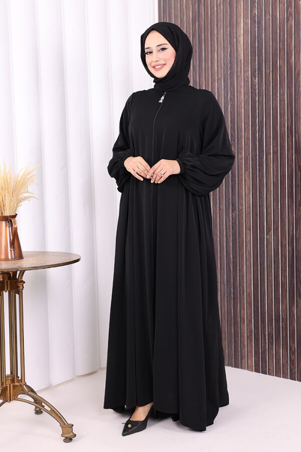 Oval Büzgülü Kol Manşetleri Lastikli Fermuarlı Tam Boy Ferace 6005 Siyah - 3