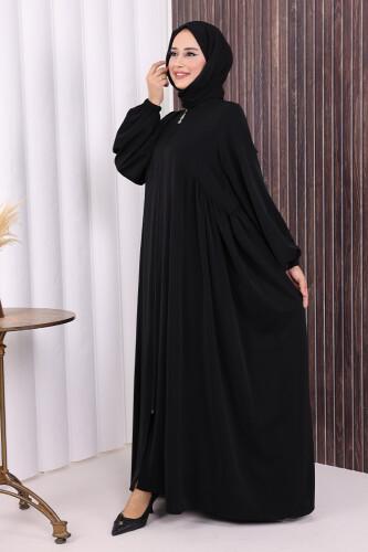 Oval Büzgülü Kol Manşetleri Lastikli Fermuarlı Tam Boy Ferace 6005 Siyah - 4