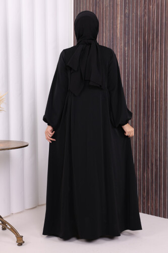 Oval Büzgülü Kol Manşetleri Lastikli Fermuarlı Tam Boy Ferace 6005 Siyah - 5